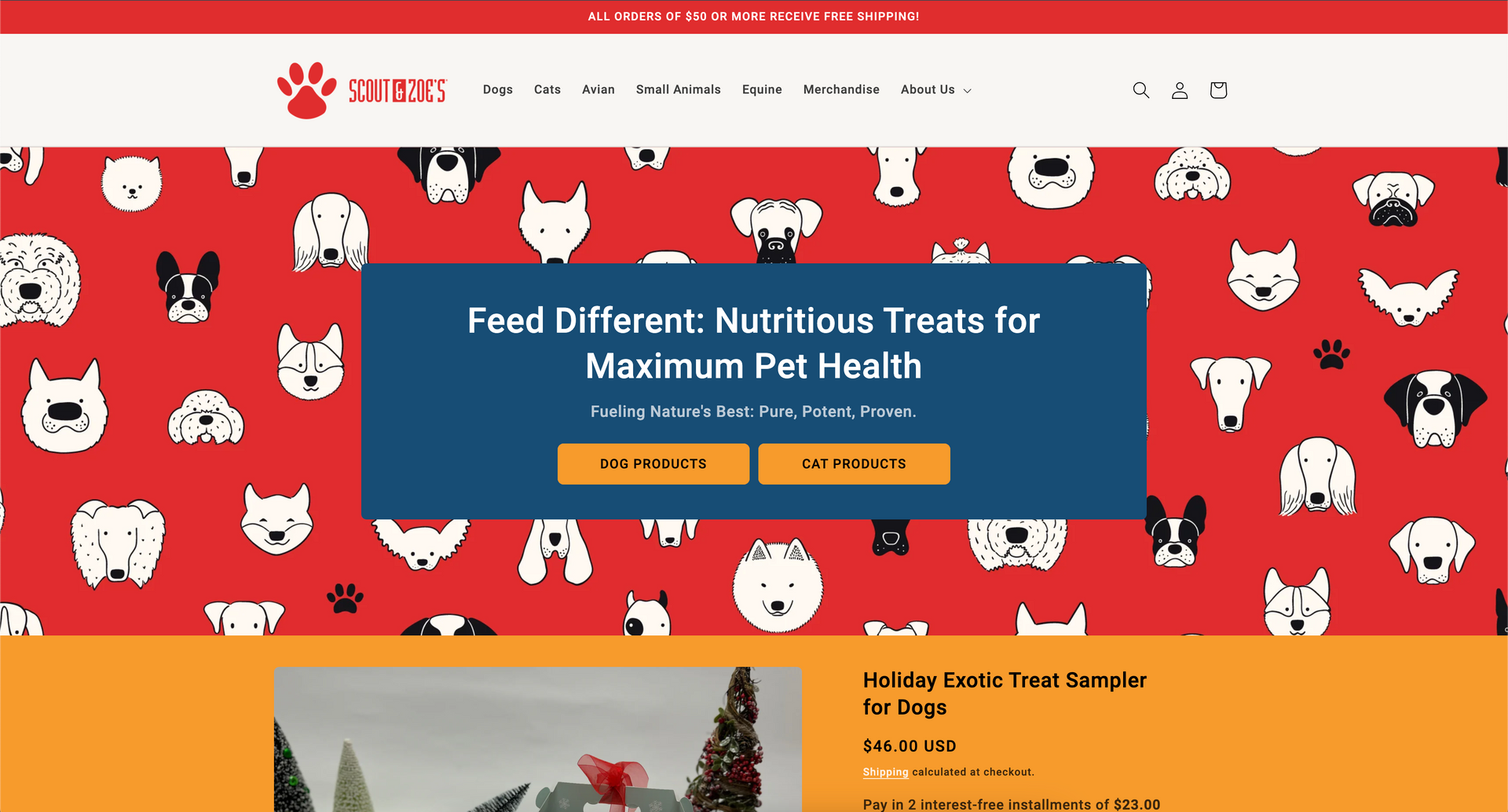 A screenshot of a website for a dog food company.