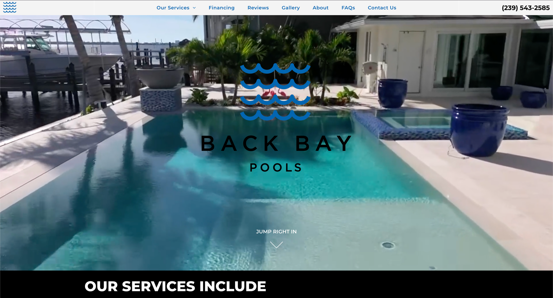 The website for back bay pools shows a large swimming pool.