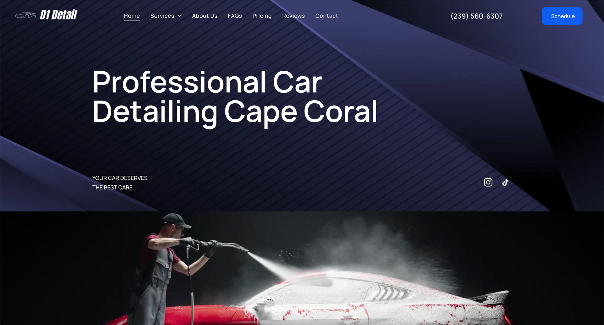 A man is washing a car with a high pressure washer.