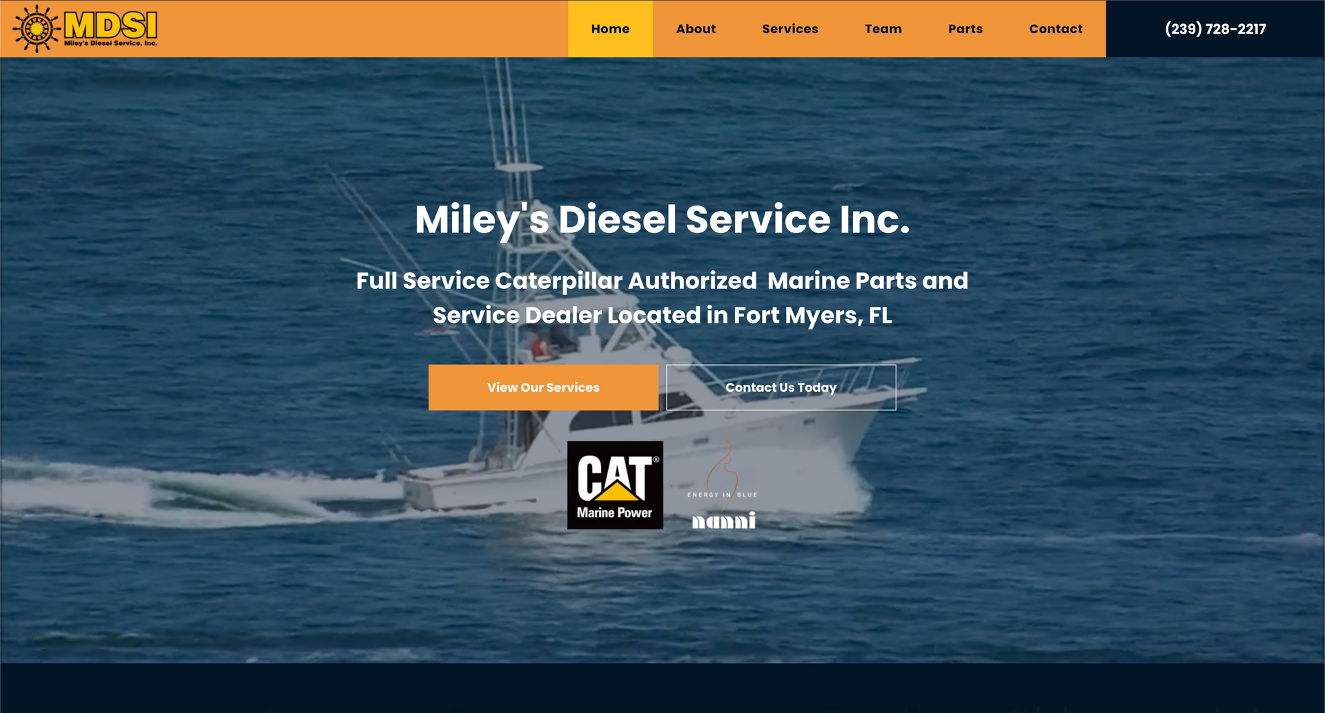 A website for miley 's diesel service inc. shows a boat in the ocean.