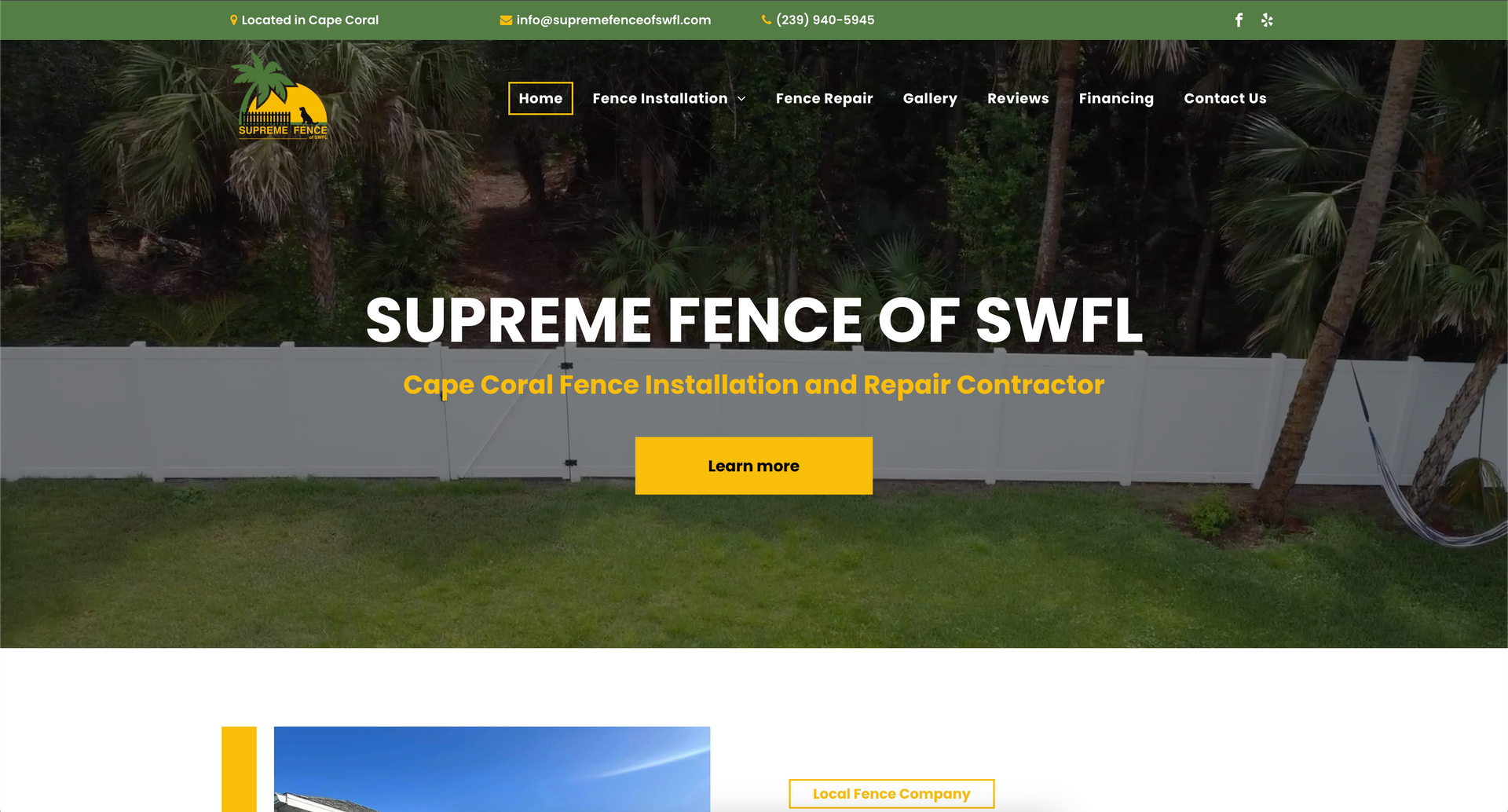 A screenshot of the supreme fence of swfl website.