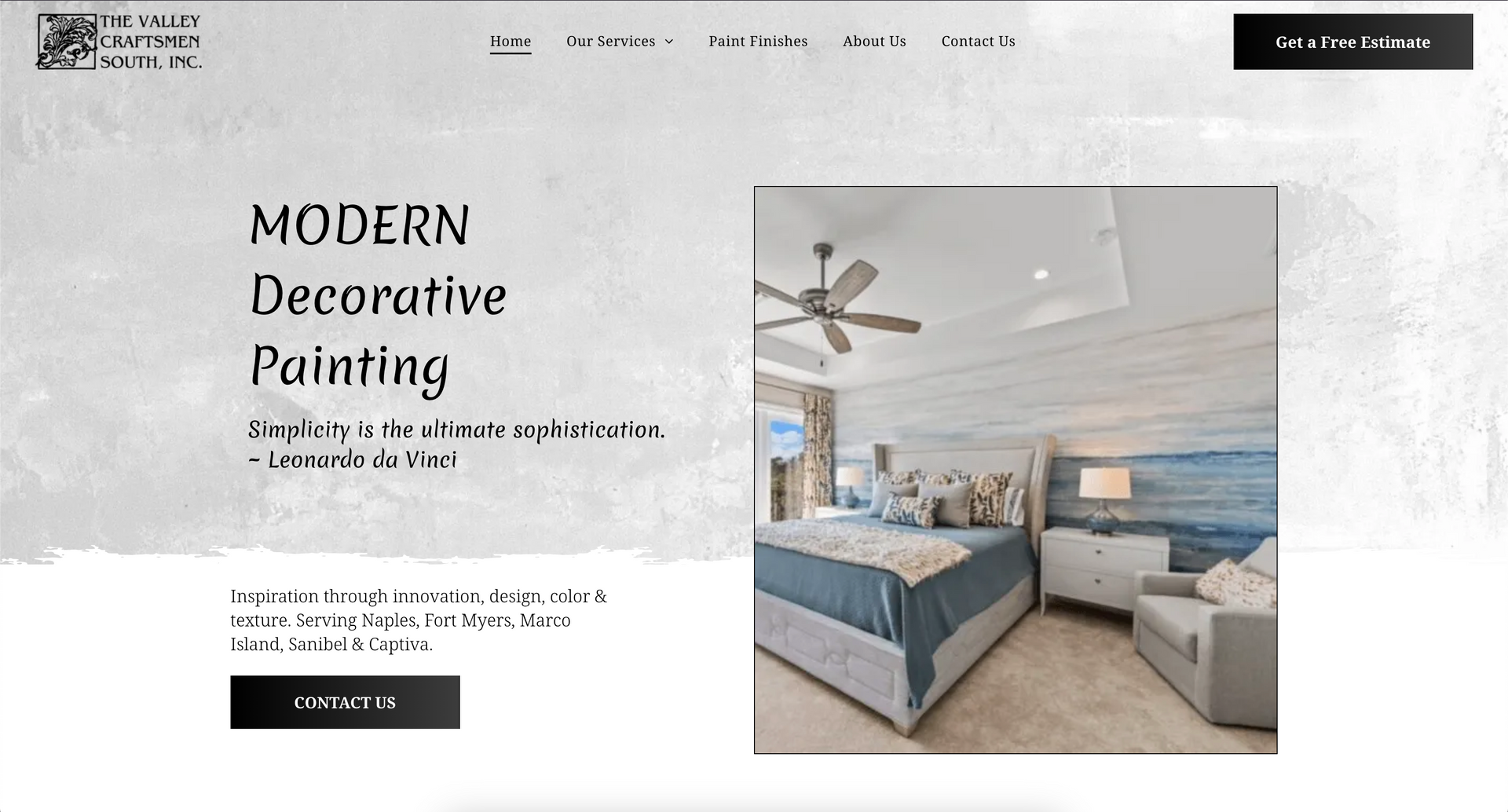 A website for modern decorative painting shows a bedroom with a bed and a ceiling fan.