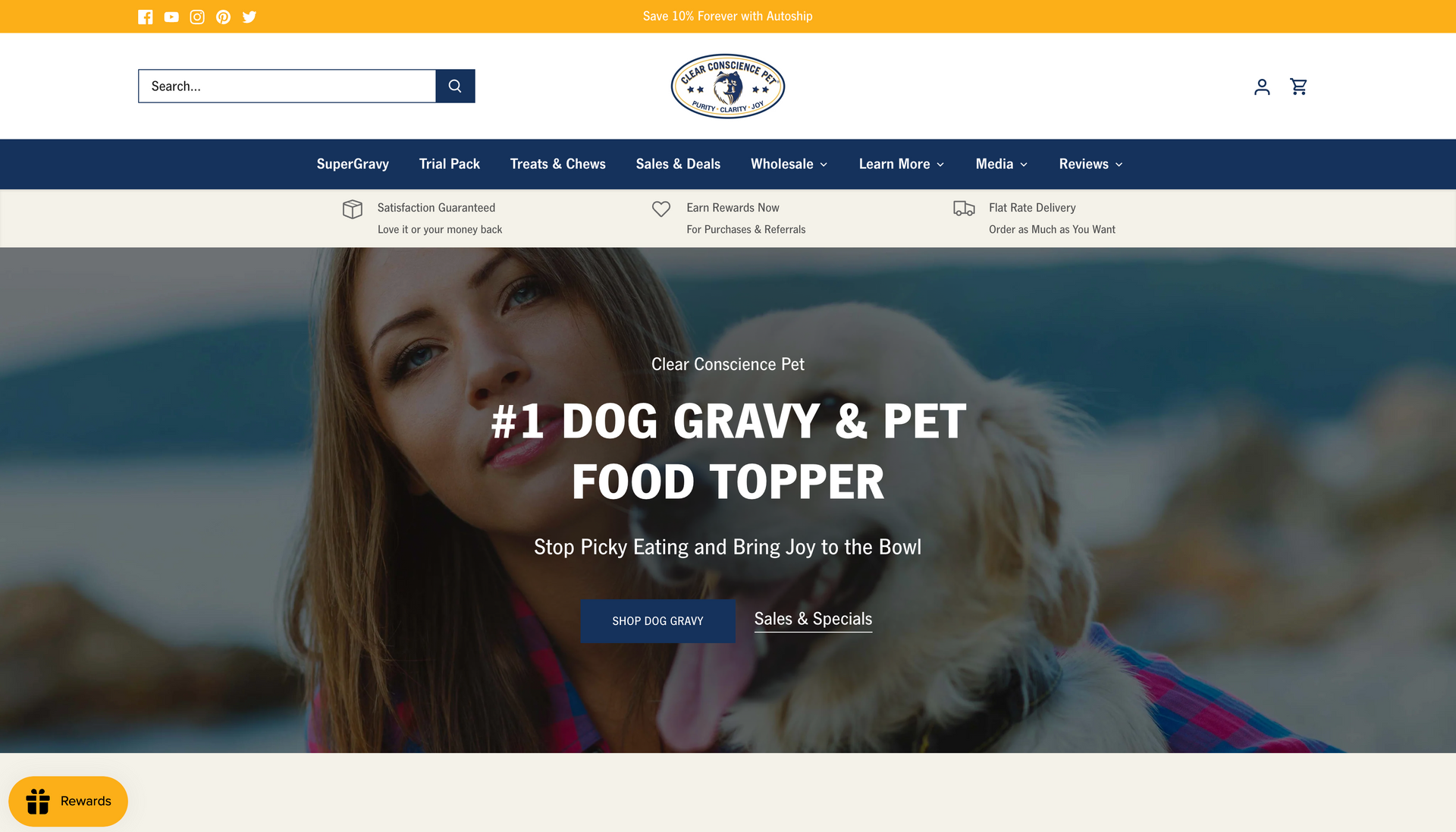 A woman is holding a dog on the homepage of a website.