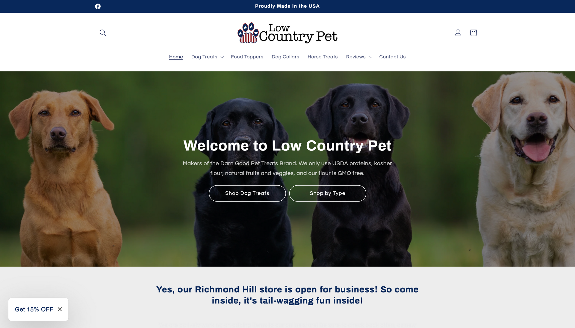 Three dogs are sitting next to each other on a website.
