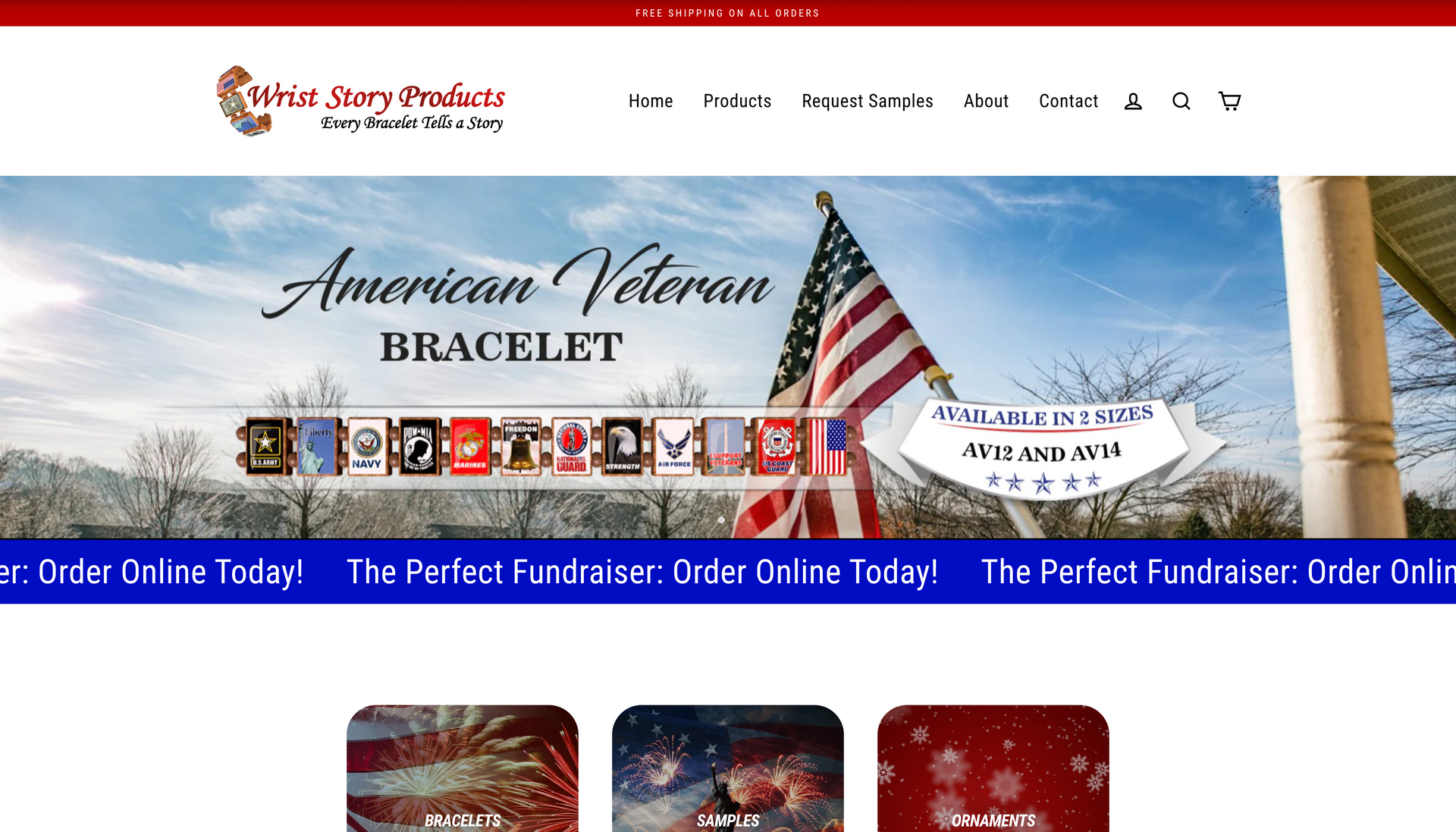 A website for an american veteran bracelet with an american flag in the background.