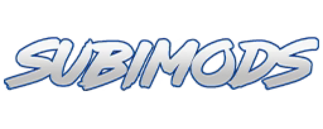 A blue and white logo for submods on a white background