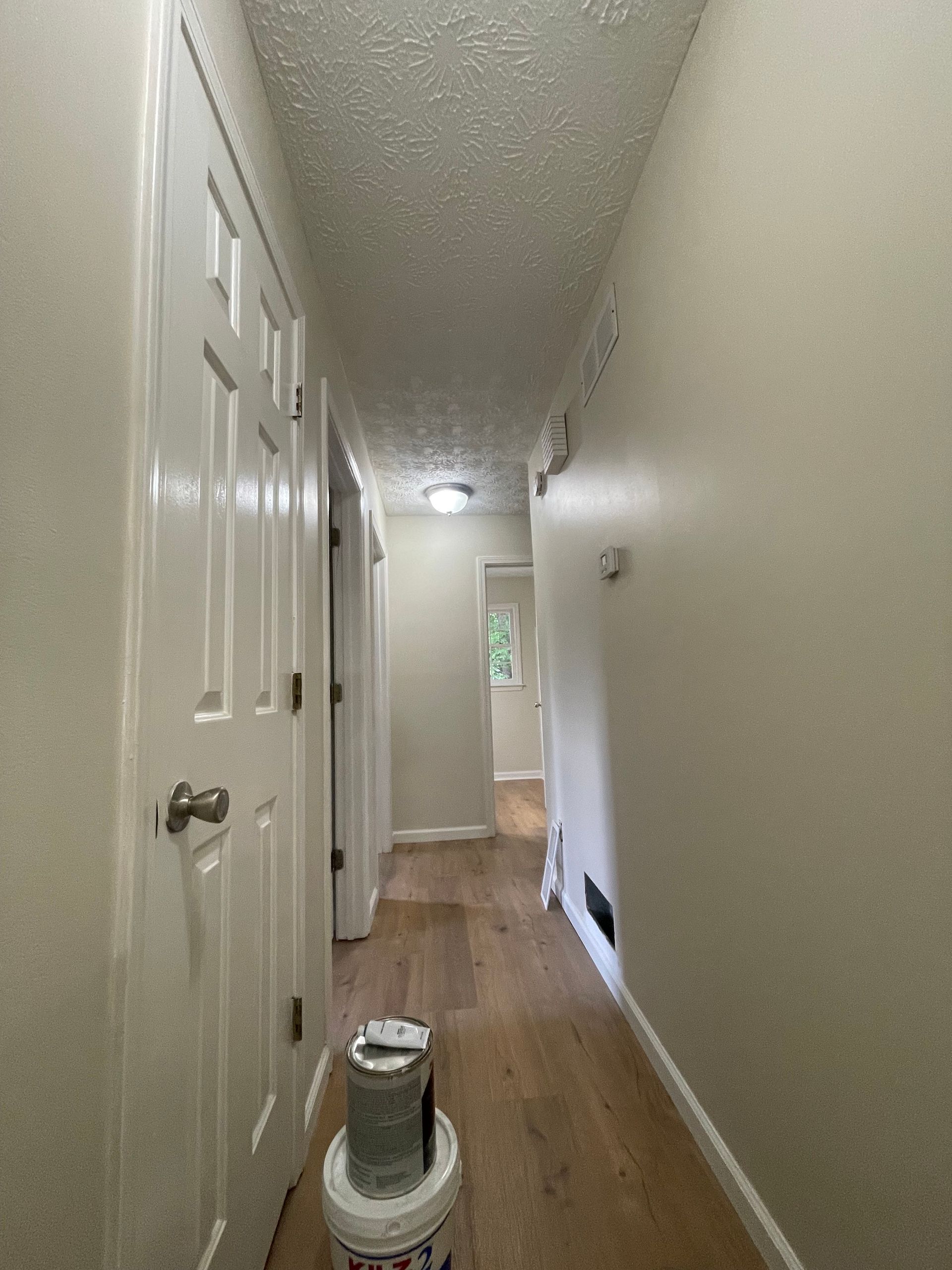 Narrow hallway with white doors, light walls, wood floor, paint can on floor, and a light at the end.