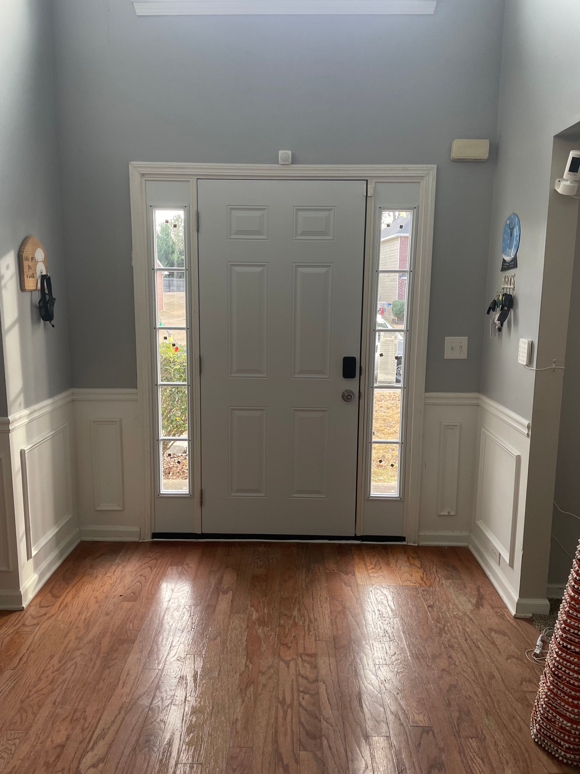 A white front door flanked by sidelights, framed by trim, wood floor, and light gray walls.