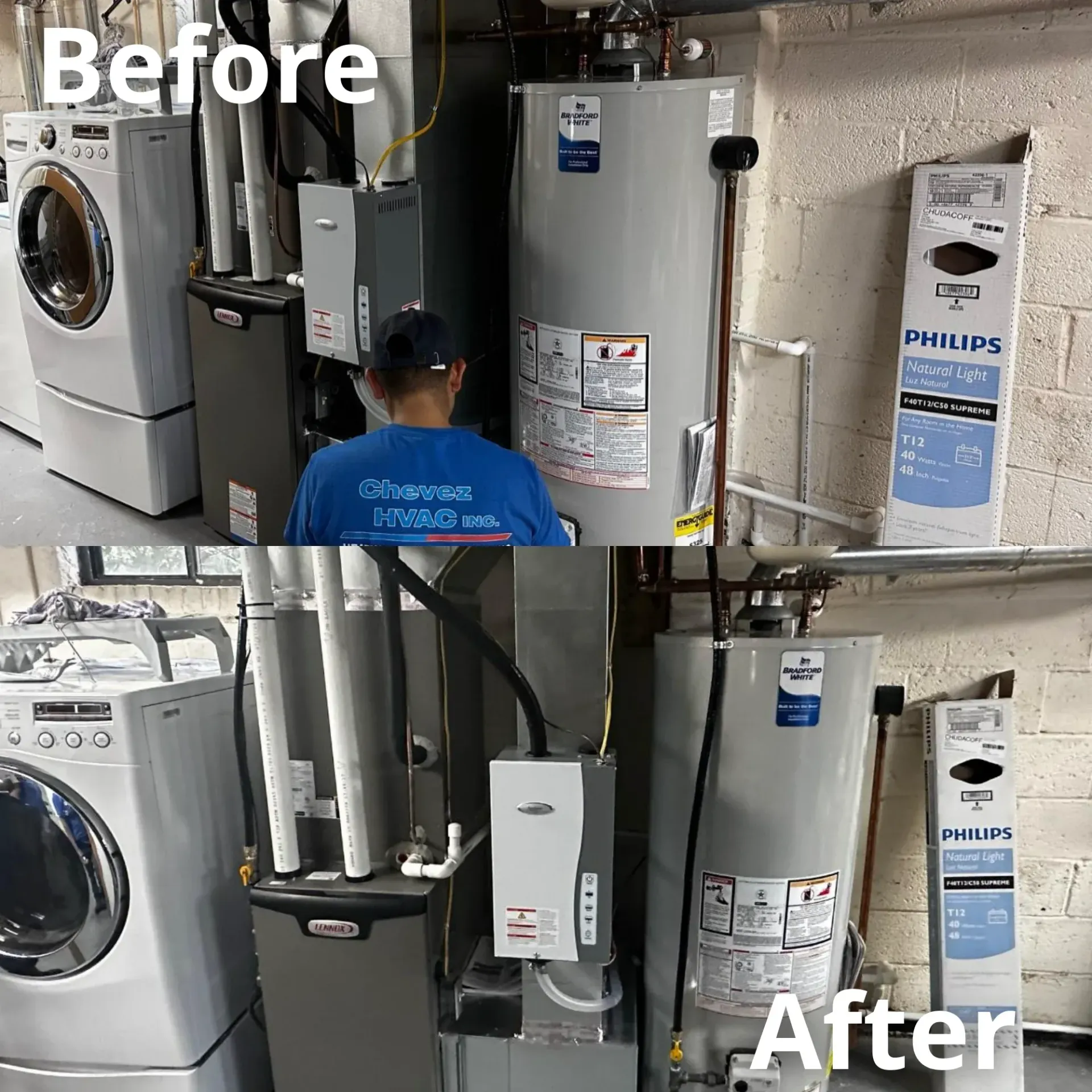 A before and after picture of a water heater being installed in a home.