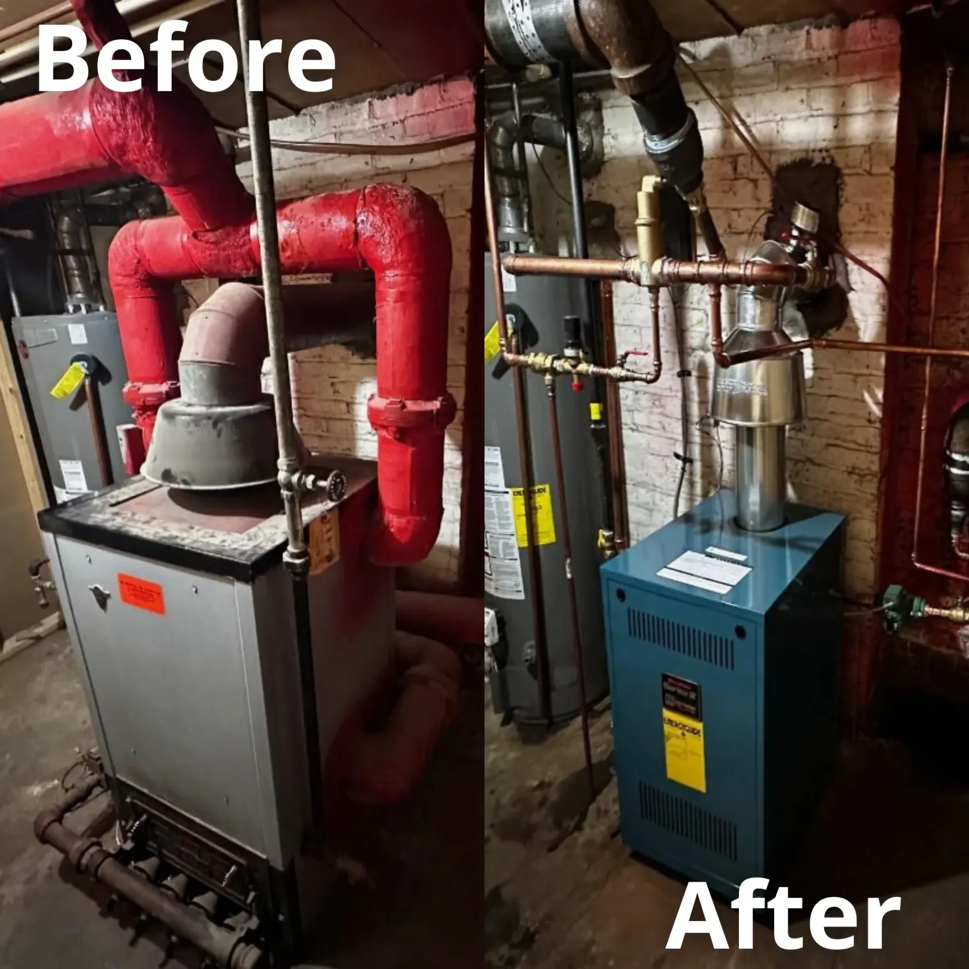A before and after picture of a boiler in a basement.