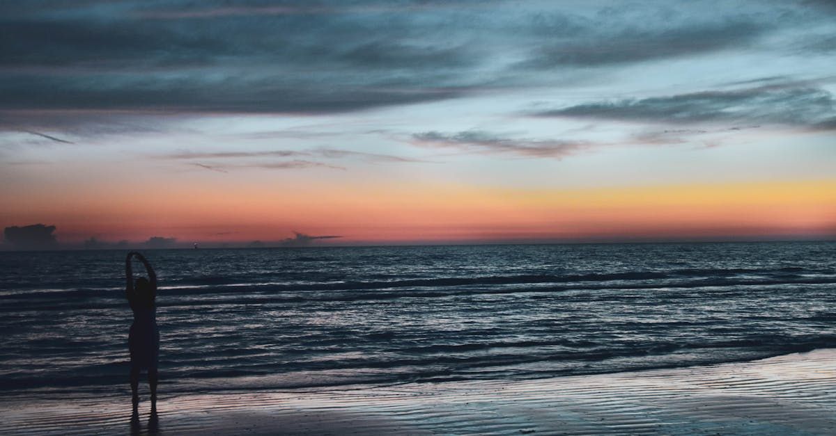 A person is standing on a beach near the ocean at sunset.
