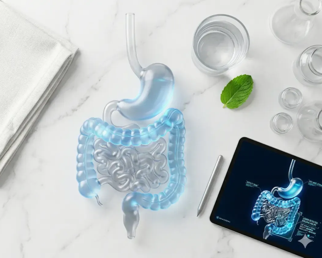 A translucent 3D model of a human digestive system rests on a white table next to a tablet displaying the same anatomy.