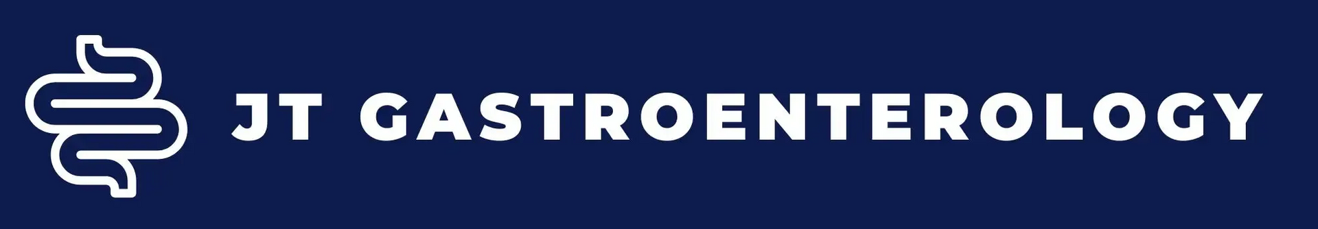 Logo for JT Gastroenterology, white text on dark blue background. Intestine graphic next to company name.