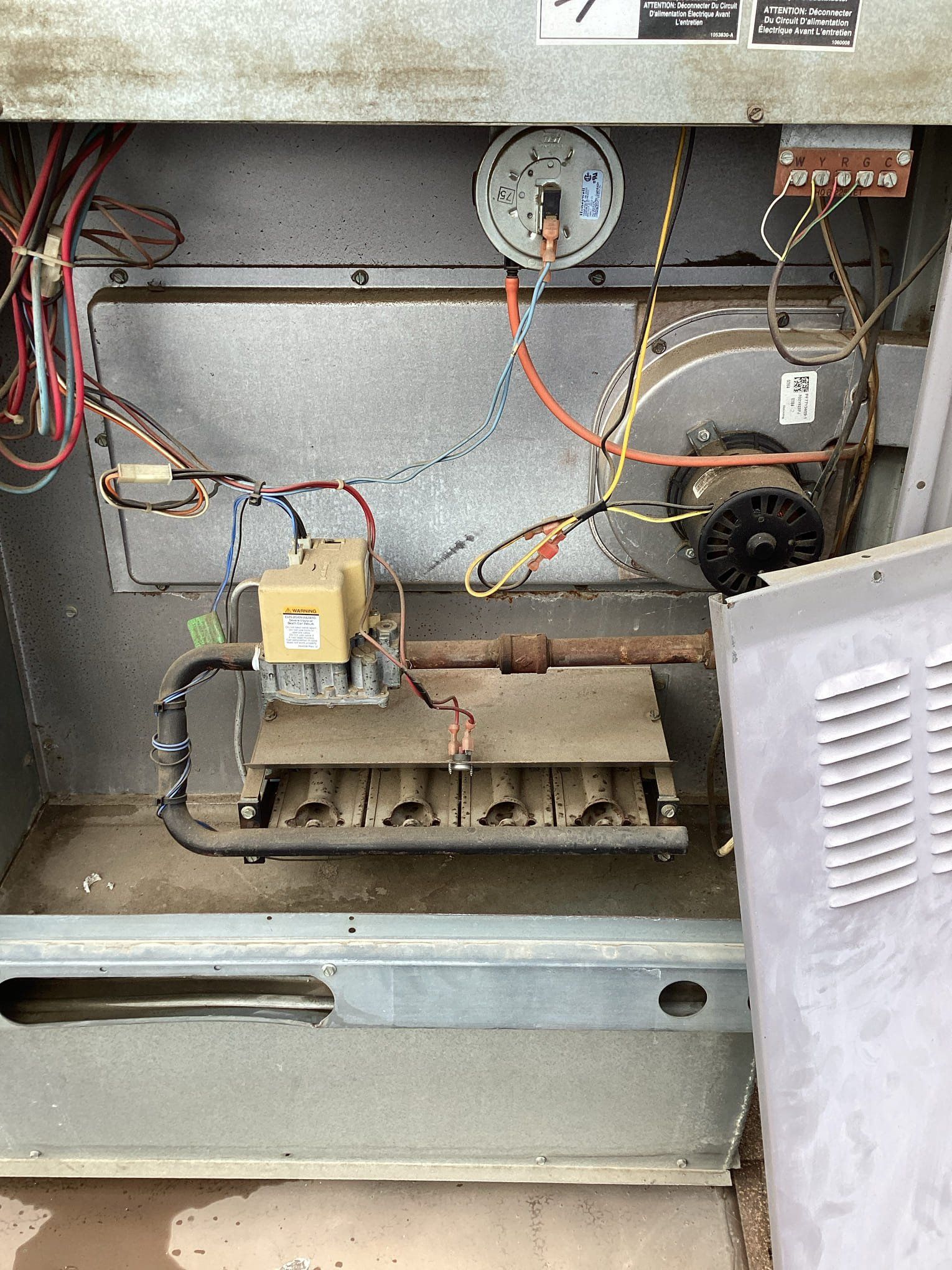 Furnace interior with gas burner, wiring, and blower, viewed from the open front panel.