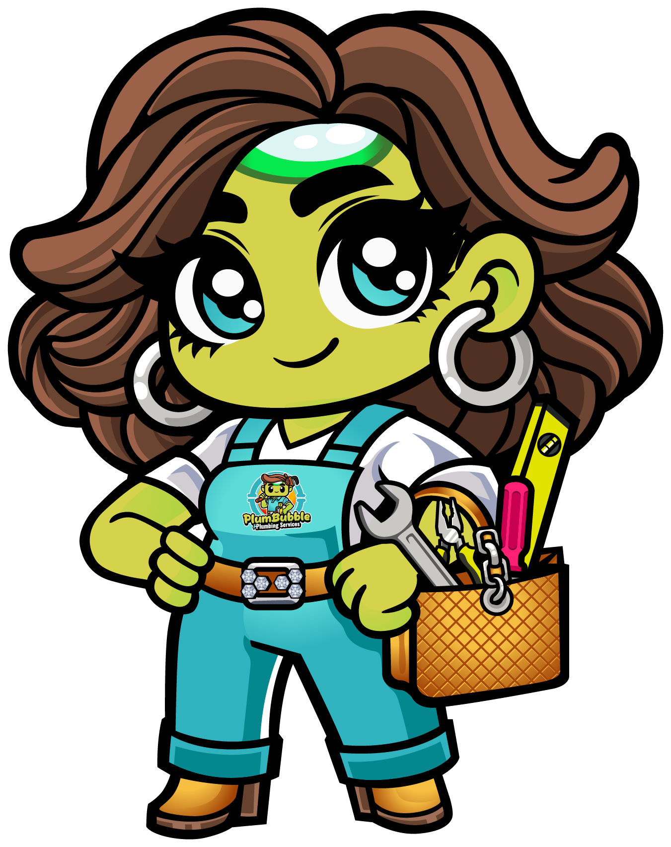 Chibi-style female mechanic with green skin, brown hair, and a tool box.