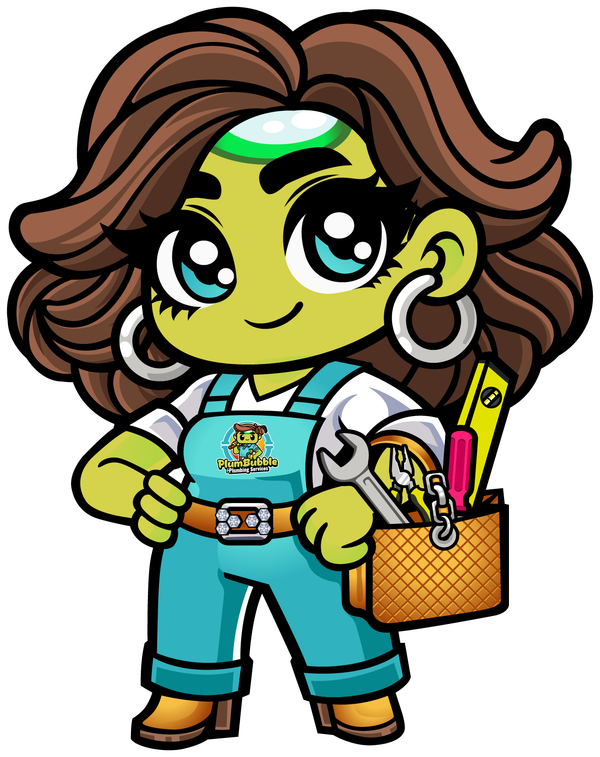 Chibi-style female mechanic, green skin, brown hair, holding a toolbox. Wearing blue overalls and smiling.