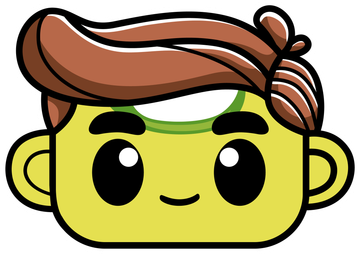 Cartoon-style face with tan hair, green face, large black eyes, and small smile.