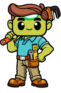 Cartoon plumber with tools, wearing blue shirt, khaki pants, and brown boots.