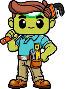 Cartoon plumber with wrench, tools, and a green glowing forehead.