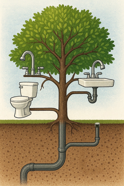 Worker installing a metal pipe into an open manhole, with a ladder and a grating nearby.