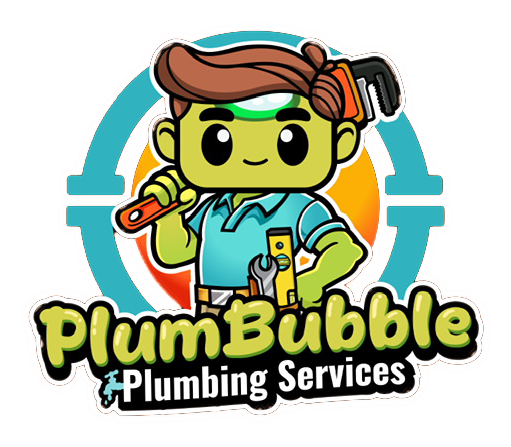 Cartoon plumber holding tools, green skin, blue shirt, "PlumBubble Plumbing Services" logo.