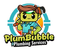 Cartoon plumber holding tools, green skin, blue shirt, "PlumBubble Plumbing Services" logo.