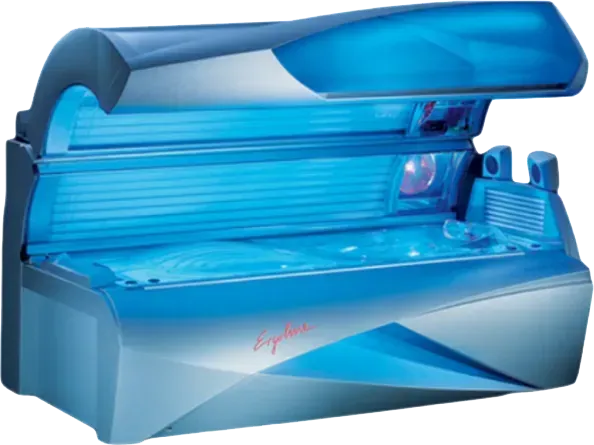 A blue tanning bed with the lid open