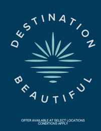 A blue background with the words destination beautiful on it