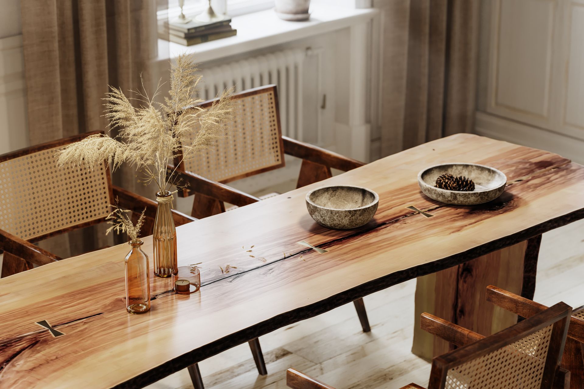 A wooden rustic dining room table.