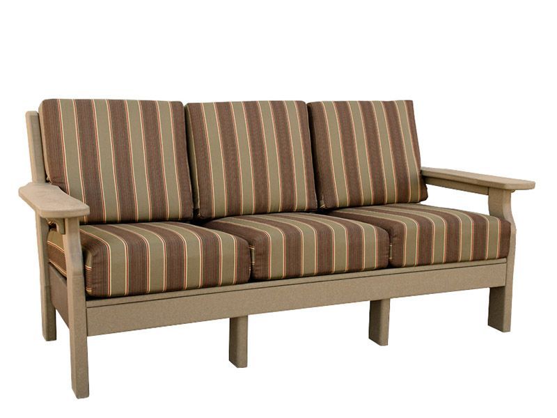 A brown and tan striped couch with wooden arm rests on a white background.