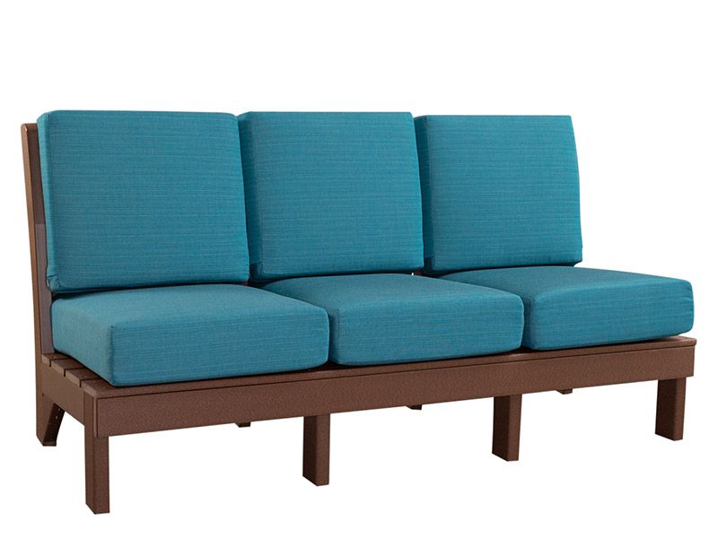 A wooden couch with blue cushions on a white background