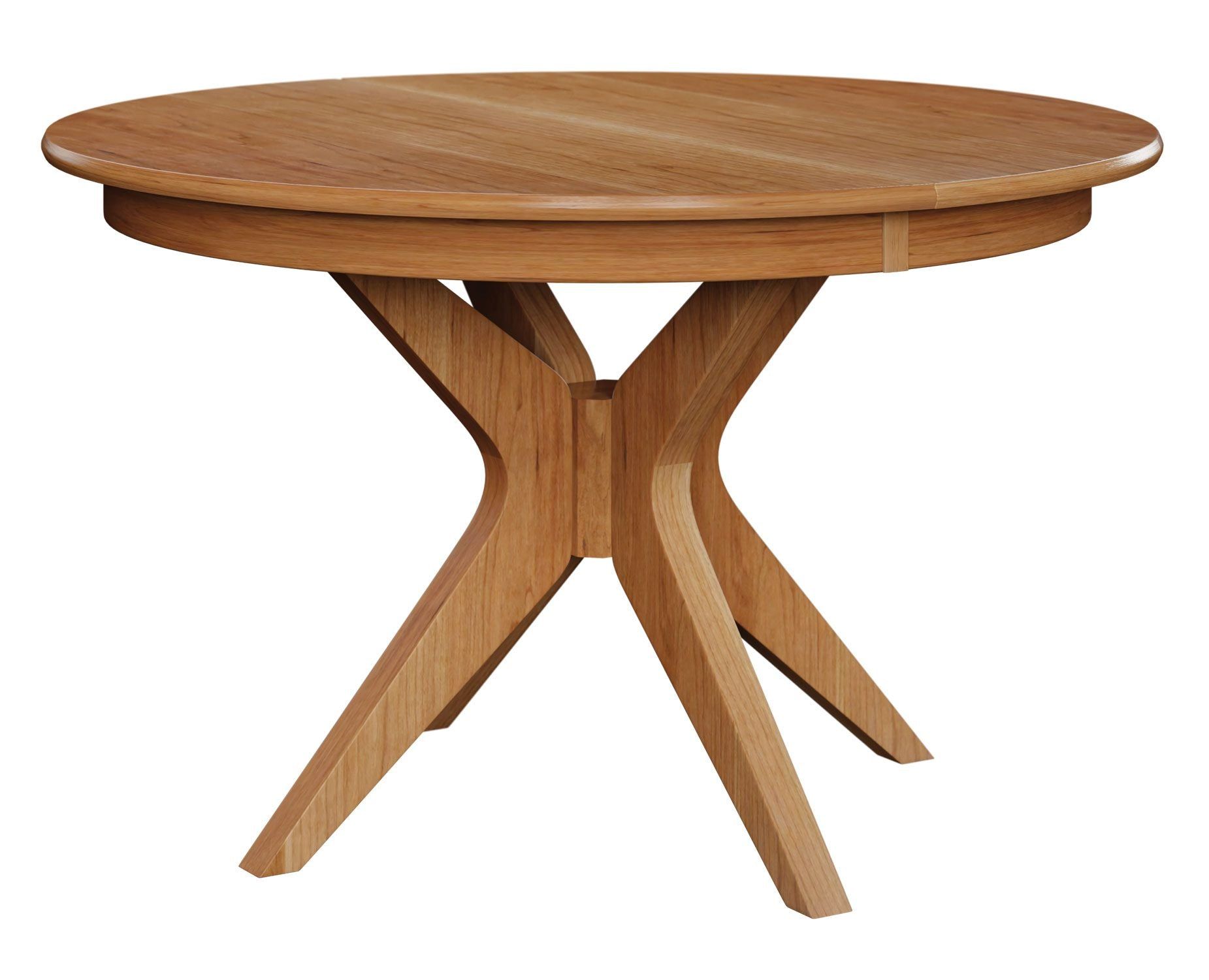 A wooden table with a round top and crossed legs