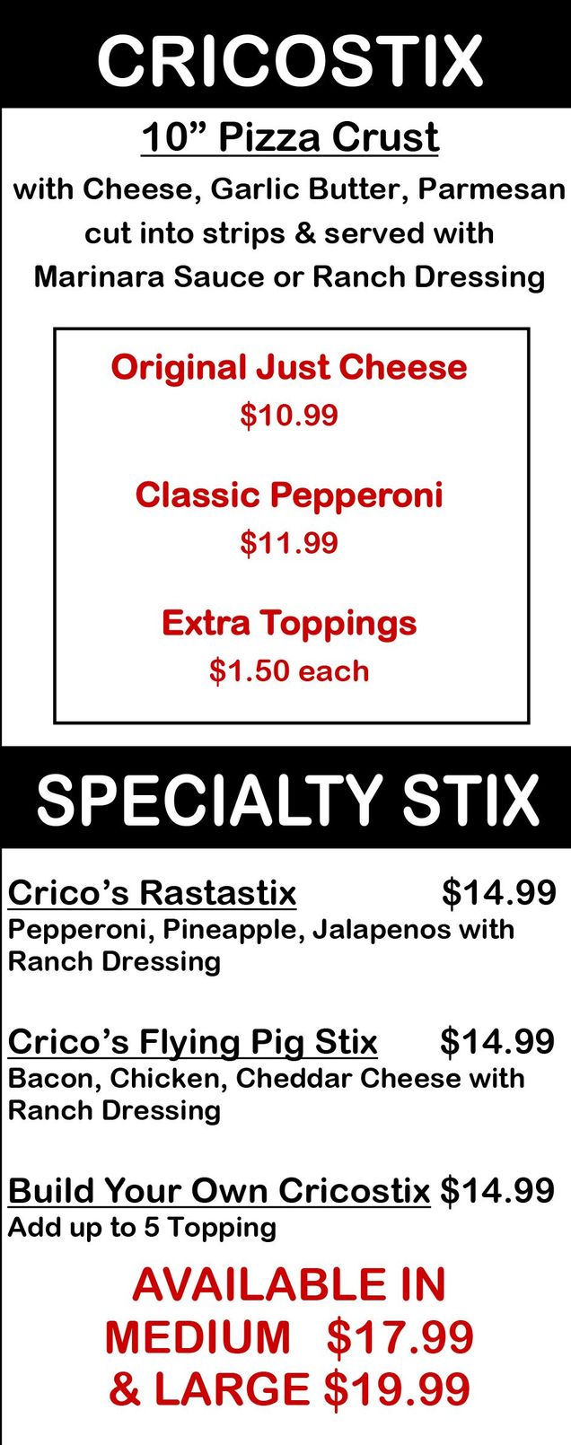 Crico's Pizza & Subs - Crico Stix Menu