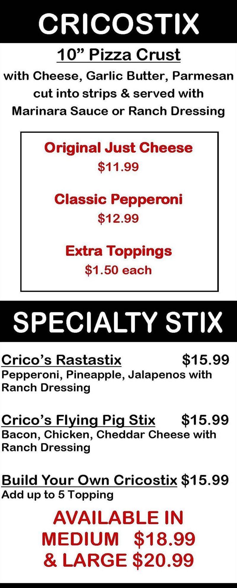 Crico's Pizza & Subs - Crico Stix Menu