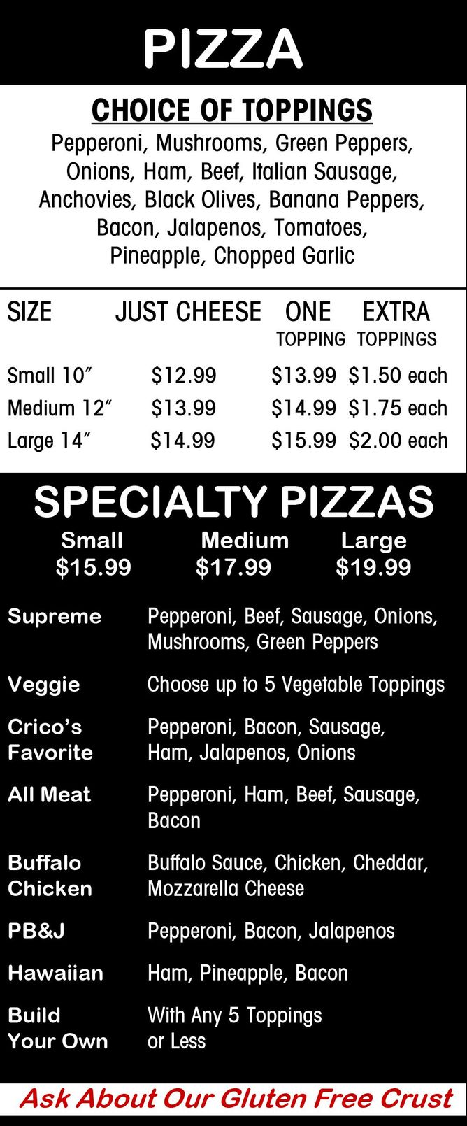 A pizza menu with a choice of toppings and specialty pizzas.