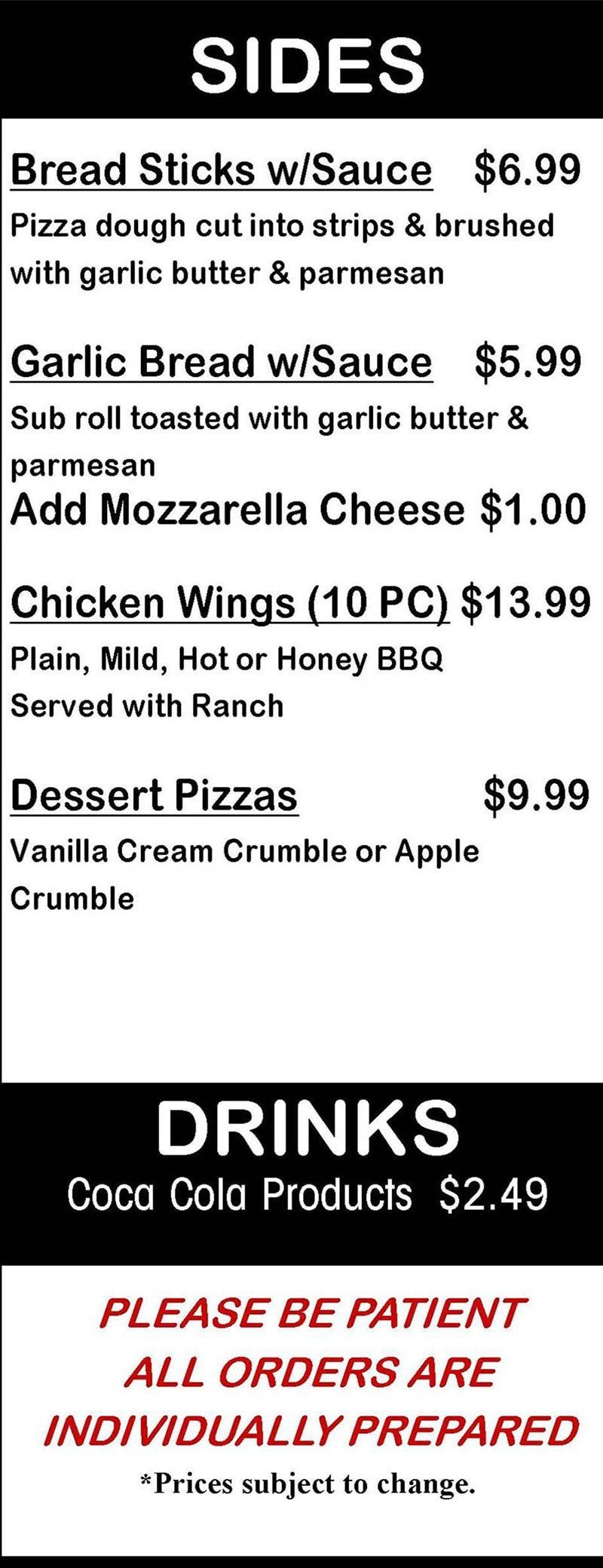 Crico's Pizza & Subs - Sides Menu