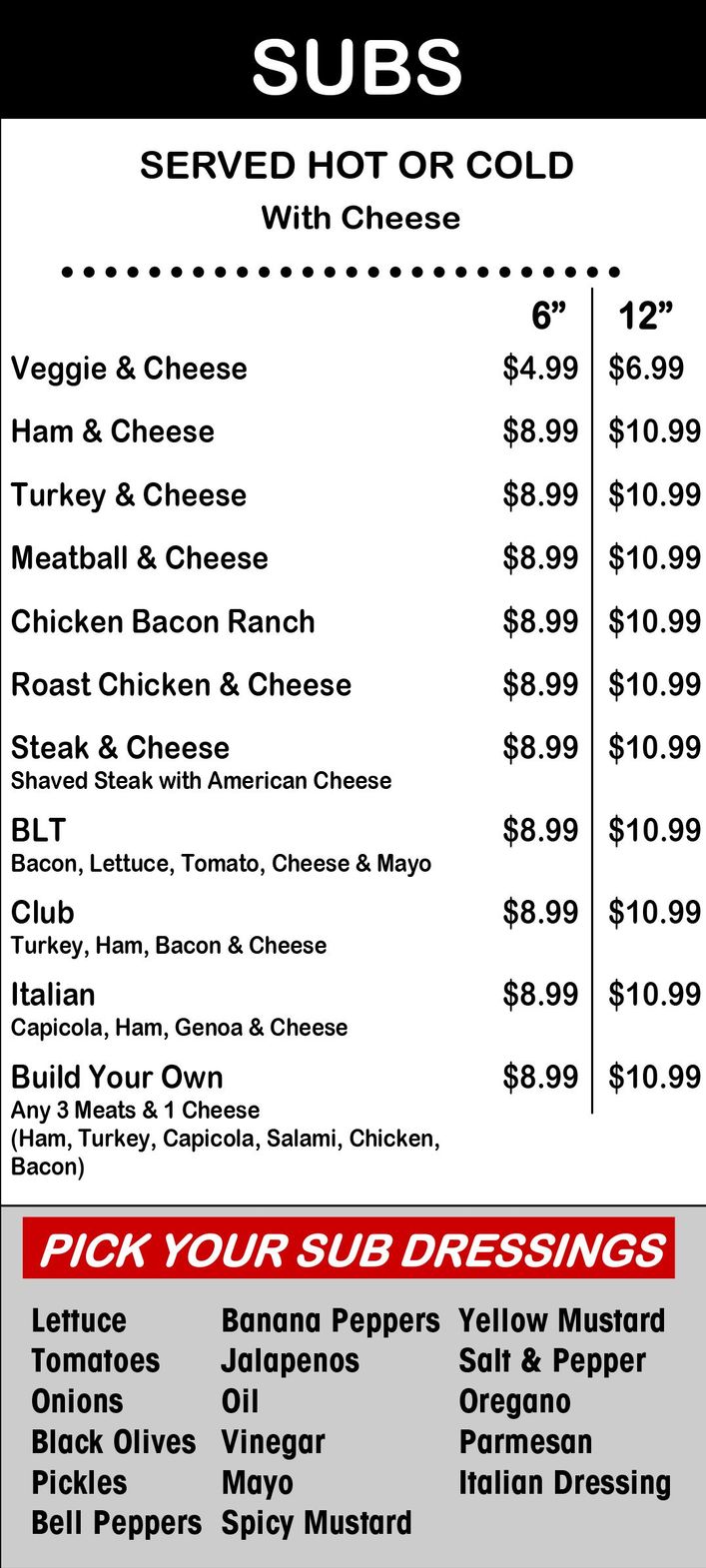 Crico's Pizza Sub Sandwich Menu