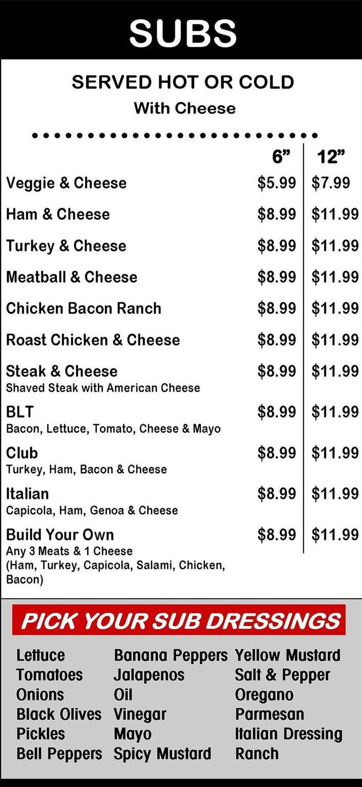Crico's Pizza Sub Sandwich Menu