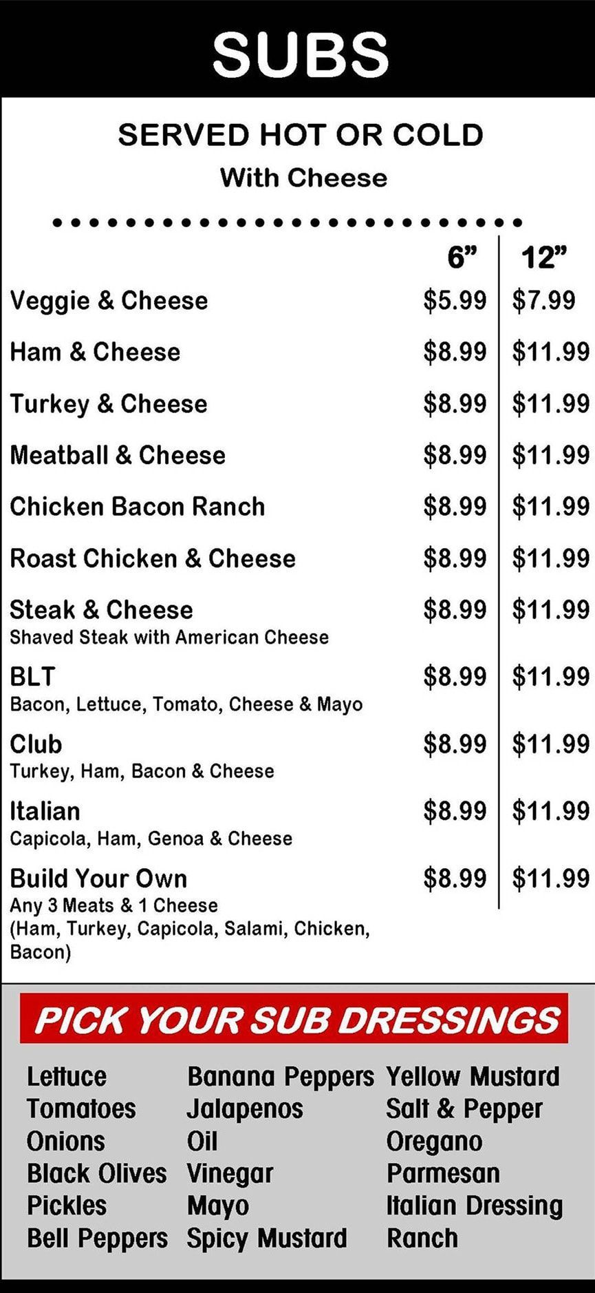 Crico's Pizza Sub Sandwich Menu