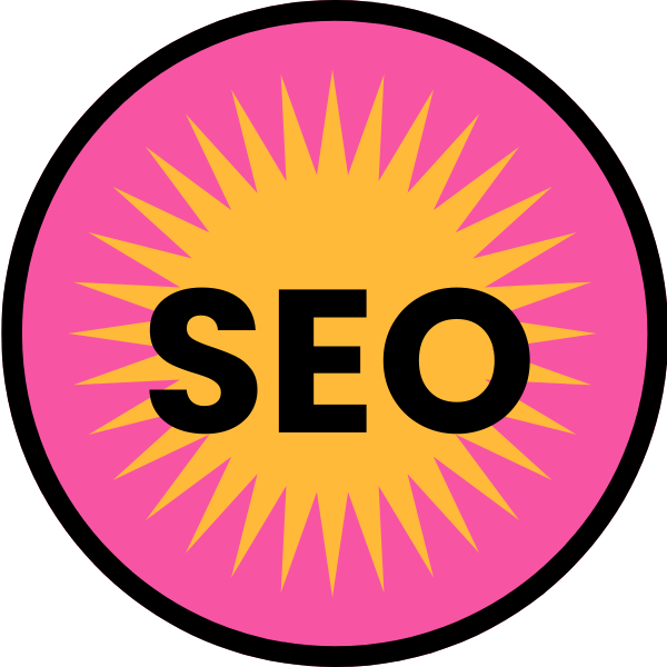 A pink circle with the word seo on it