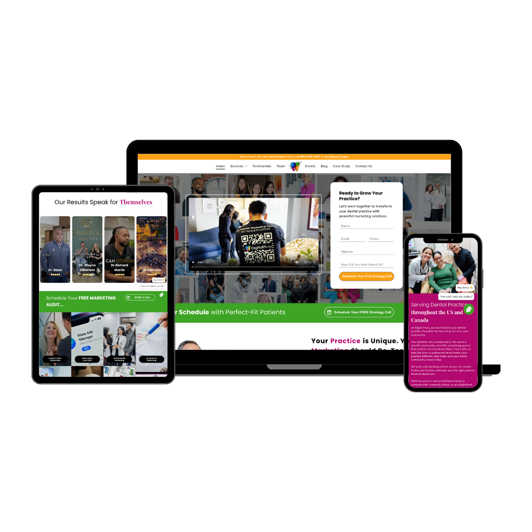 A dental website is displayed on a laptop , tablet , and cell phone.