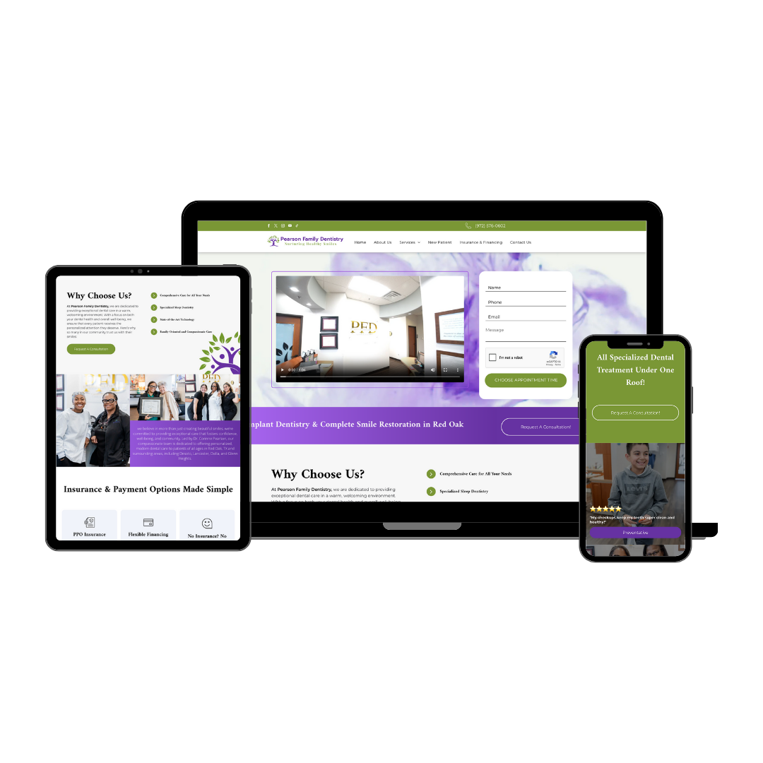 A dental website is displayed on a laptop , tablet , and cell phone.