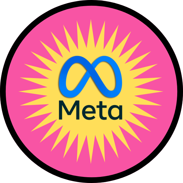A pink and yellow meta logo with a blue infinity symbol