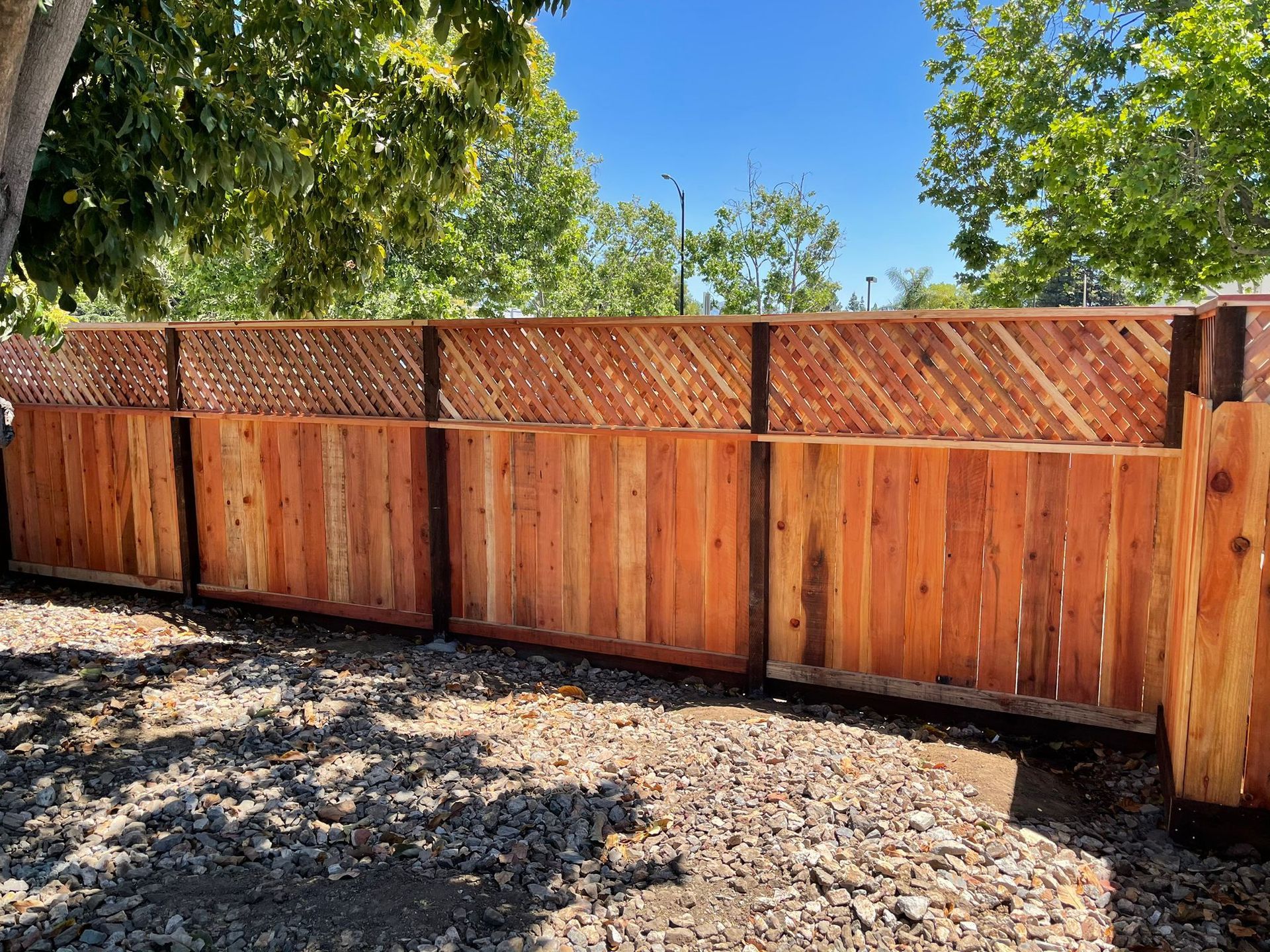 Wooden fence with lattice top, in front of a tree, under a blue sky.