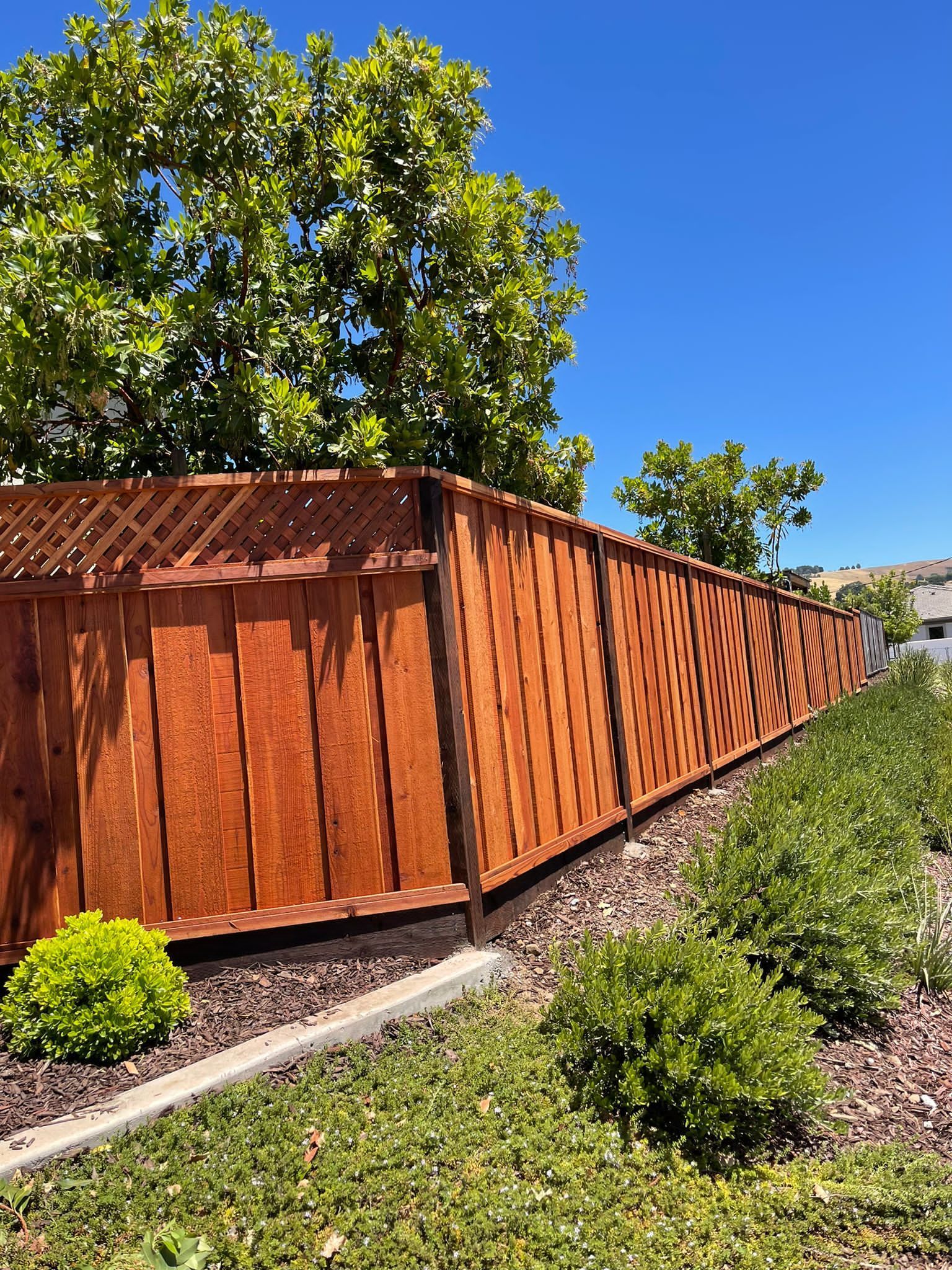 Wooden fence encloses a green trash bin. Silver gate leads to the bin area.
