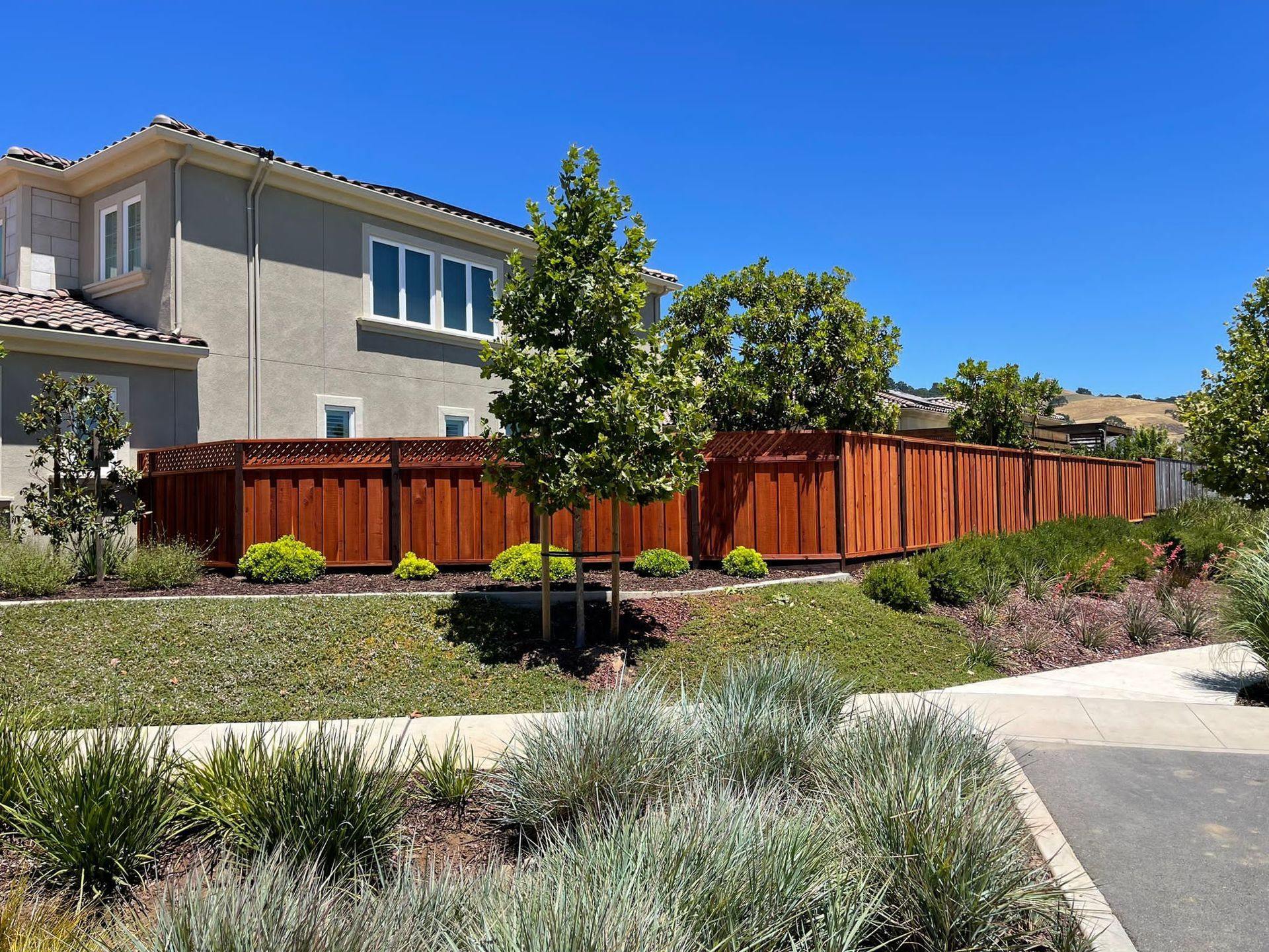 Wooden fence surrounds a house with a clear blue sky above. Green landscaping is in the foreground.