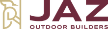 Logo for JAZ Outdoor Builders in burgundy and gold.