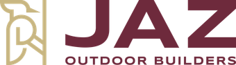 Logo for JAZ Outdoor Builders featuring a gold stylized bird icon next to maroon text on a white background.