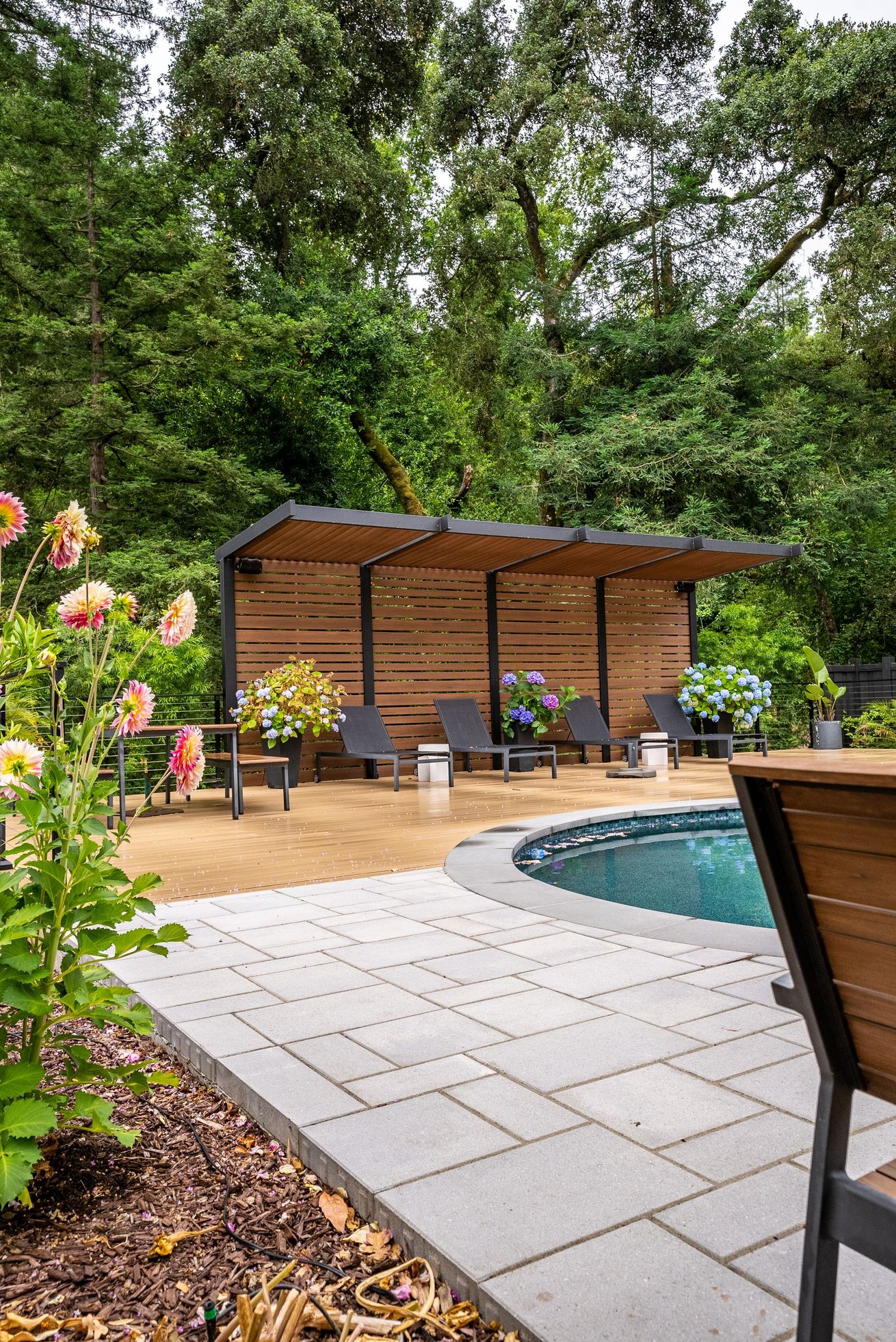 Backyard patio with pool, wooden cabana, potted plants, and stone walkway under tall trees