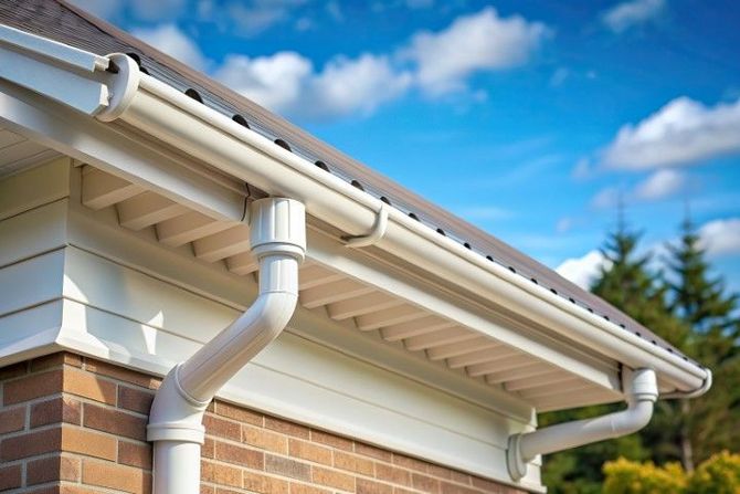 White house gutter and downspout on brick wall under blue sky
